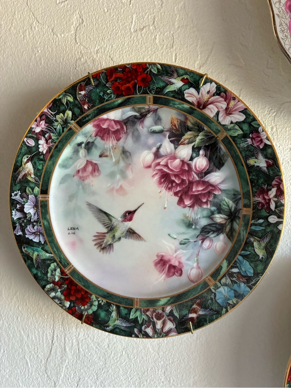 Lena Hummingbird Floral Charger Plate in Green, Pink and Gold